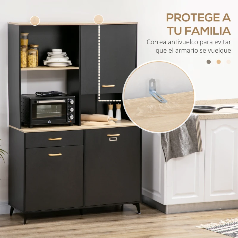 HOMCOM Alacena de Cocina con Cajón Armarios y Estantes Mueble Auxiliar para Microondas Estilo Moderno 119x41x180cm Negro(m-8)