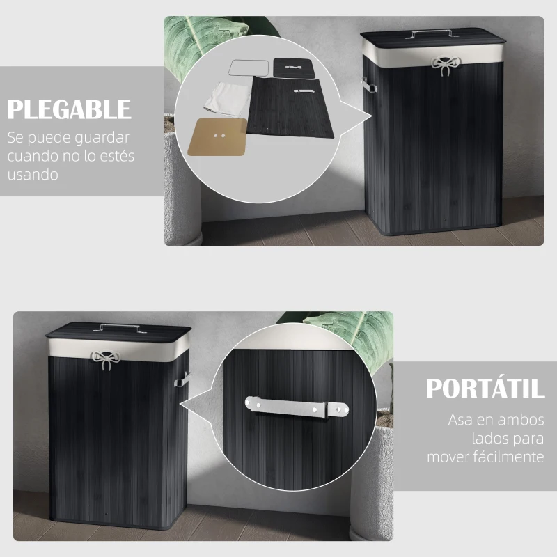 HOMCOM Cesto para la Ropa Sucia Plegable con Tapa Cubo para la Colada Rectangular con Asas 40x30x60 cm Negro
