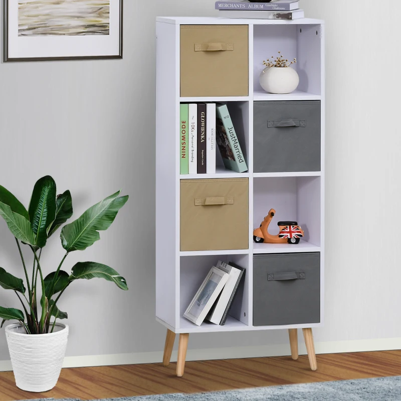 HOMCOM Armadietto Libreria in Legno Bianco 8 Ripiani e 4 Cassetti Pieghevoli in Tessuto Grigio e Marrone 54.5x24x122.5cm