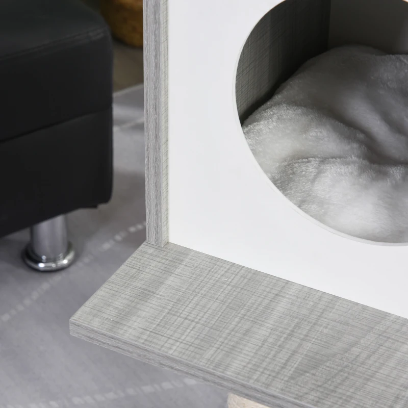 PawHut Katzenbaum mit Kratzbaum, Kletterbaum für Katzen Plüsch-Sitzmulden mit Höhle und Liegeflächen, Vierstöckig Grau&Weiß, 61x49x160,5 cm