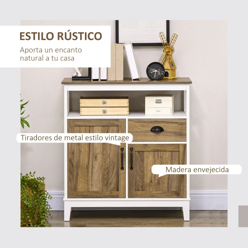 HOMCOM Aparador de Salón Armario Almacenaje de Madera con 2 Puertas Cajón y Estante Ajustable 76,6x35x81,5 cm Blanco y Marrón