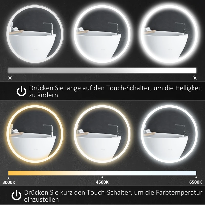 kleankin Badezimmerspiegel Badspiegel Wandspiegel, Antibeschlagsfunktion, LED-Licht, Ø80 x 3,3 cm, Weiß + Silber