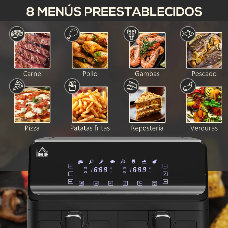 HOMCOM Freidora sin Aceite Doble 8L 2500W 8 Programas Pantalla LED Táctil Temperatura Ajustable 80-200℃ 38,5x38x30,5 cm Negro