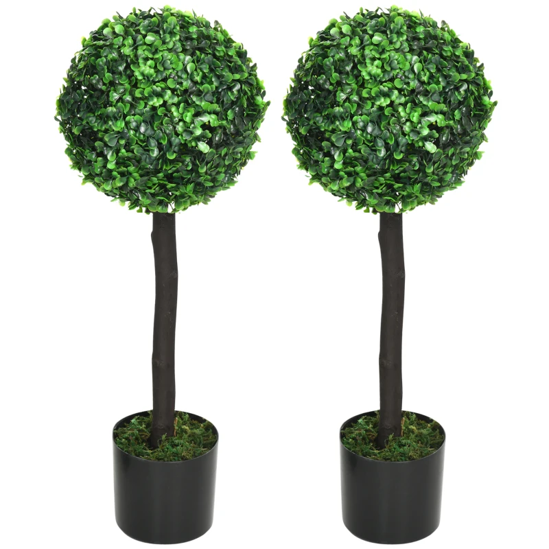HOMCOM Set of 2 Artificial Plants Boxwood Ball Trees in Pot Fake Plants for Home Indoor Outdoor Decor, 20x20x60cm, Green