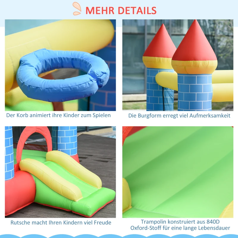 Outsunny Aufblasbare Hüpfburg mit Rutsche Pool für 3 Kinder Burg mit Gebläse für 3-8 Jahre Rot+Blau+Grün 280 x 260 x 210 cm
