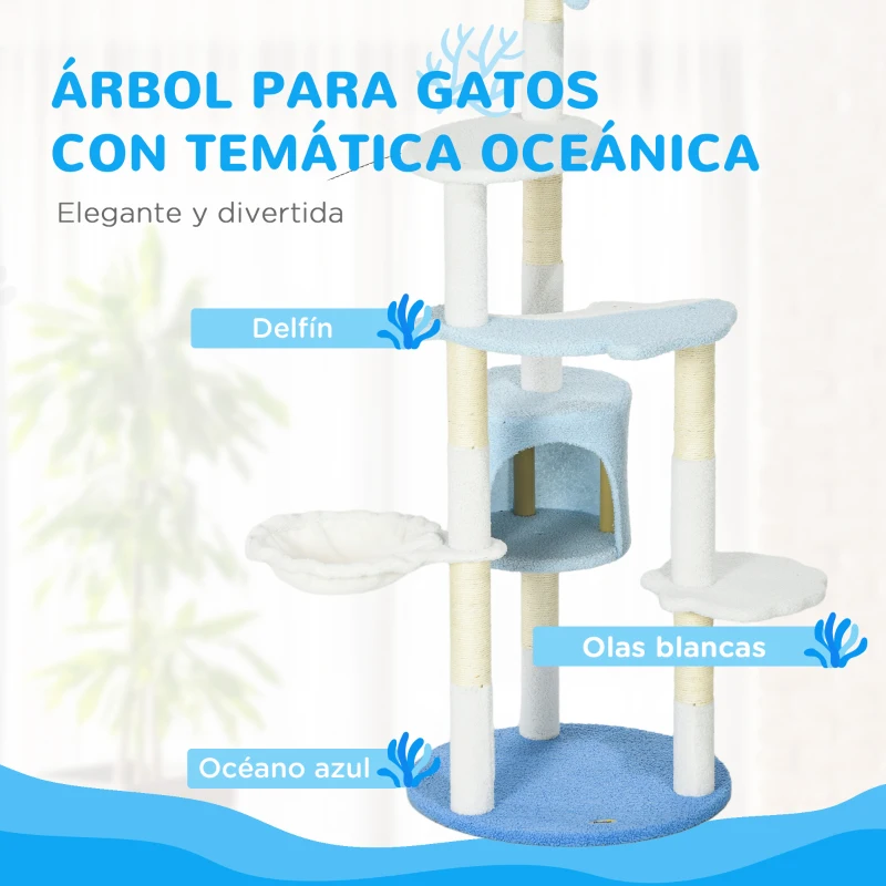 PawHut Árbol Rascador para Gatos Grandes de 155 cm con Postes de Sisal Cueva Cama Hamaca y Bola Ø54,5x155 cm Blanco y Azul