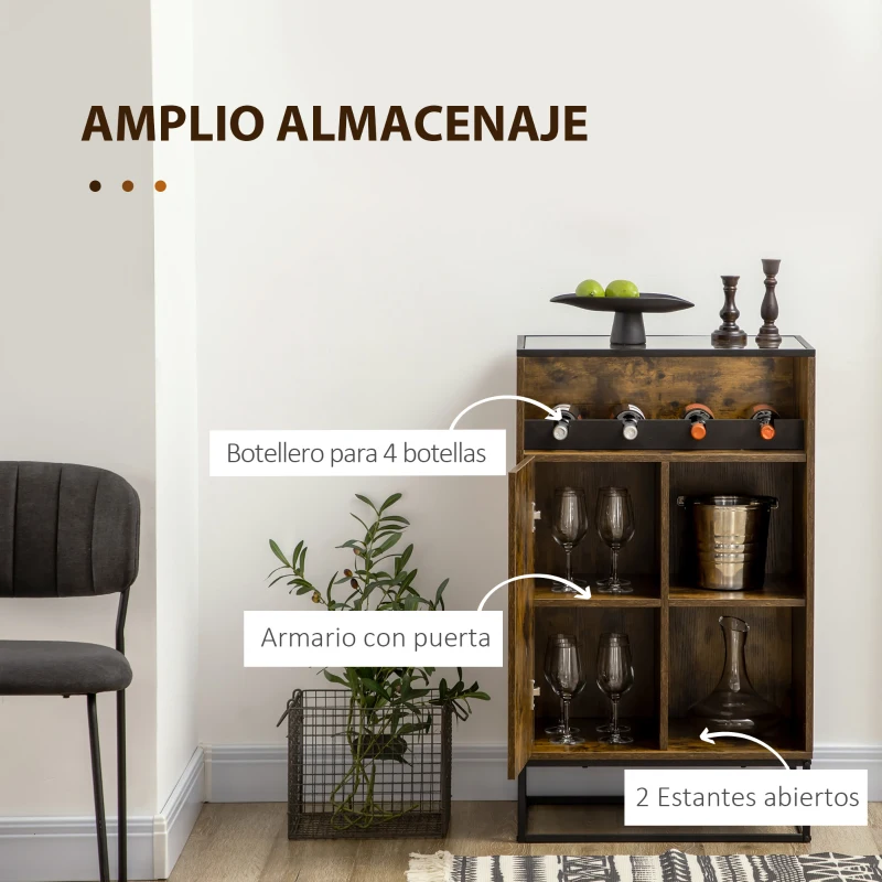 HOMCOM Aparador con Botellero para 4 Botellas con Encimera de Cristal Estilo Industrial 60x40x100 cm Marrón Rústico