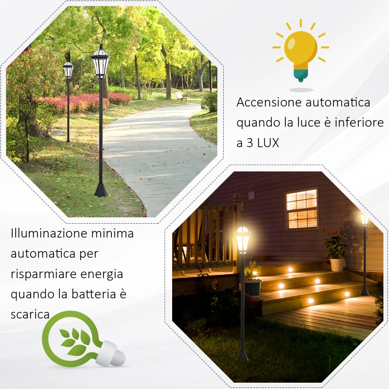 Outsunny Set 2 Lampioni Solari per Giardino con 2 LED e Accensione Automatica, Nero