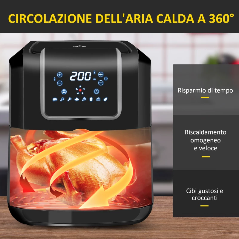 HOMCOM Friggitrice ad Aria 8 in 1 da 6.5 Litri 1700W, con 12 Programmi, Accessori e Schermo LED Nera