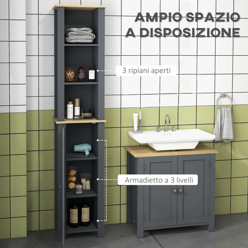 kleankin Colonna Bagno Salvaspazio con Armadietto e 3 Ripiani Aperti in Legno, 34x23x165cm, Grigio