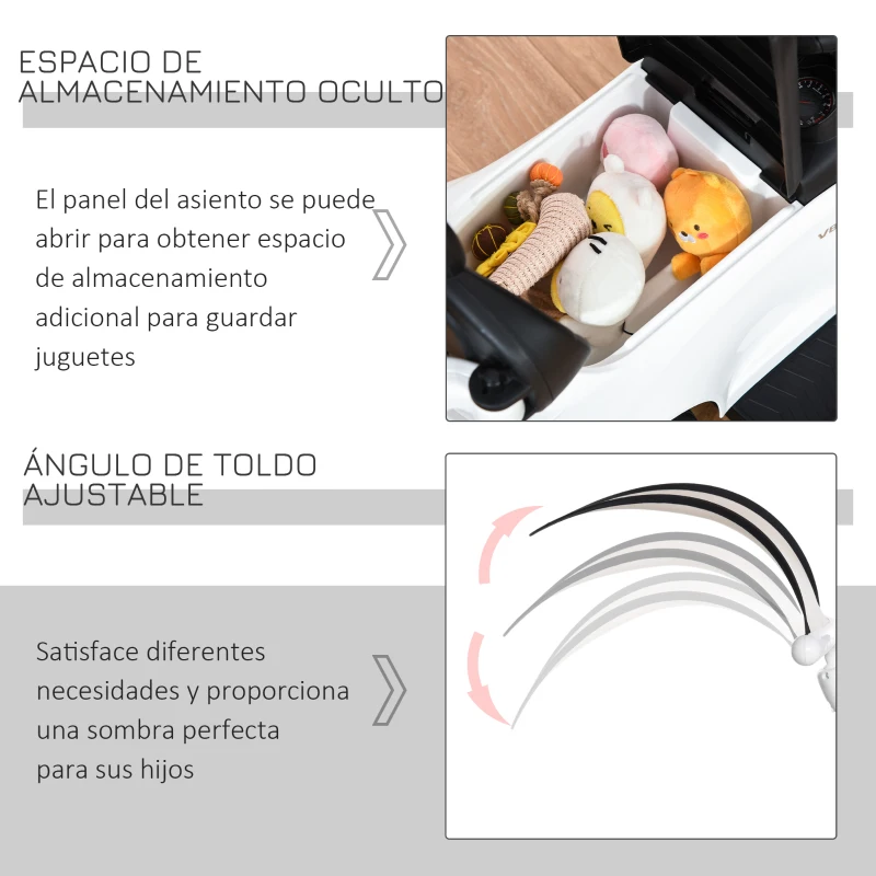 HOMCOM Correpasillo para Niños Mayores de 1 Año Cochecito Automóvil Diseño 3 en 1 Empujador Andador Función de Bocina con Capota Reposapiés Portavasos 84x40x83 cm Blanco