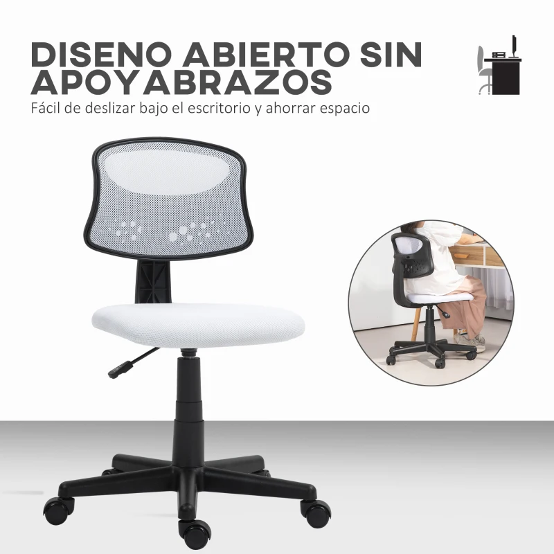 HOMCOM Silla de Oficina sin Brazos Silla de Escritorio Giratoria con Respaldo de Malla Transpirable Altura Ajustable Blanco