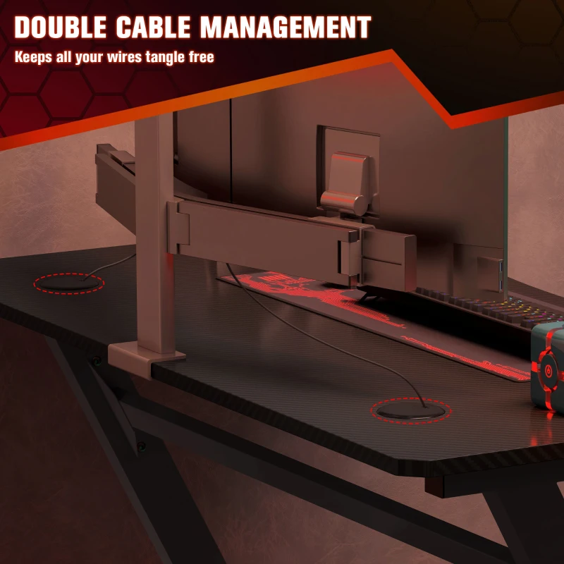 HOMCOM Gaming Desk 120 x 65 cm Steel Frame with Cup Holder, Headphone Hook, Adjustable Feet and Cable Organiser, Home Office Computer Table, Black