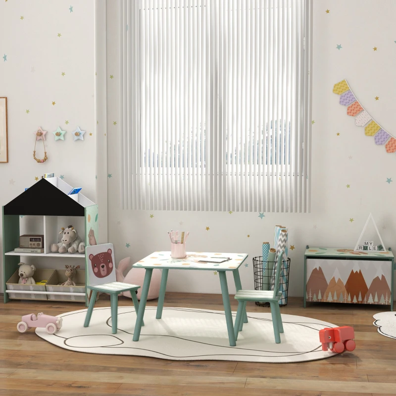 ZONEKIZ Set Tavolo e Sedie 3 Pezzi per Bambini 3-8 Anni in MDF e Legno di Pino, Verde