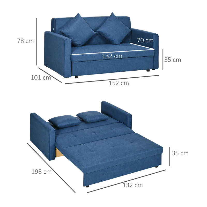HOMCOM 2 Seater Sofa Bed with Hidden Storage, Pull Out Convertible Bed Settee, Modern Snow Flannel Loveseat Sofa Sleeper with 2 Cushions for Living Room, Guest Room, Deep Blue