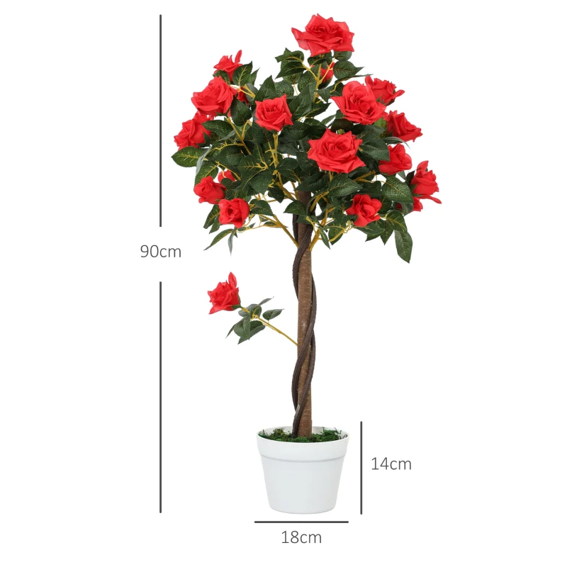 Outsunny Set of 2 Artificial Plants White Rose Floral in Pot, Fake Plants for Home Indoor Decor, 90cm, Red
