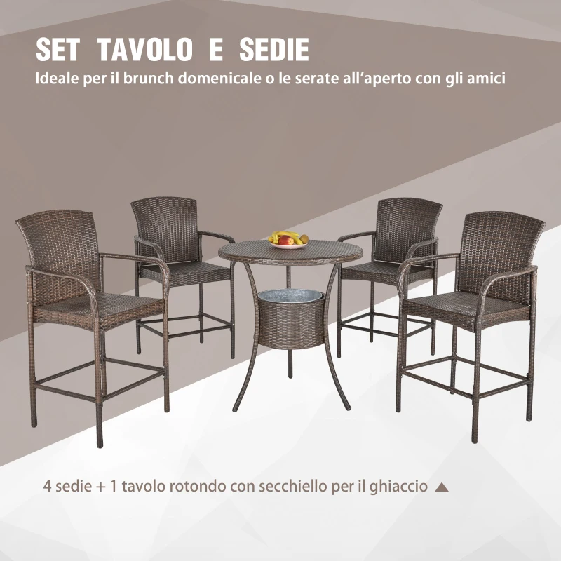 Outsunny Set 5 Pezzi Tavolino con 4 Sedie da Giardino Alte in Rattan Sintetico con Secchiello per Ghiaccio, Marrone