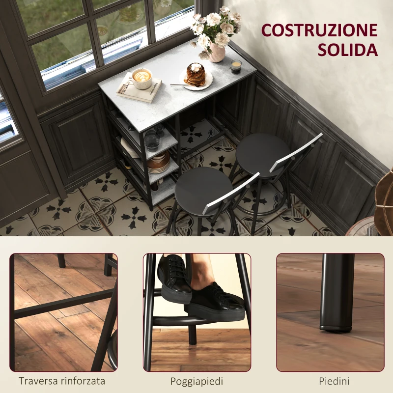 HOMCOM Set da Pranzo 3 Pezzi con Bancone Bar con Ripiani e 2 Sedie Alte con Schienale, Grigio Chiaro