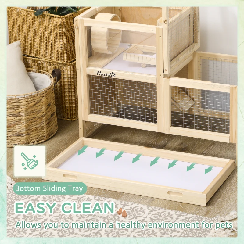 PawHut Wooden Hamster Cage with Sliding Tray, 2 Tiers Gerbil Cage Mice Rodent Small Animal Hutch with Run Area, Openable Roofs, Ramp, Seesaw, Running Wheel, 78 x 41.5 x 60 - Natural