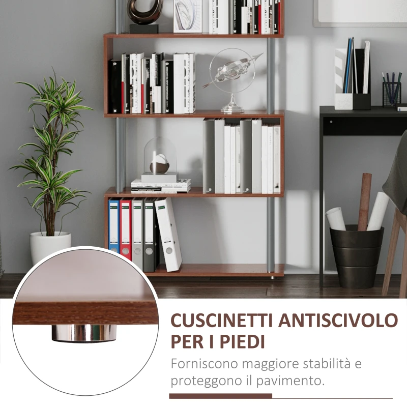 HOMCOM Libreria a 4 Ripiani Design Moderno in Legno e Metallo, Libreria Scaffale per Soggiorno, Studio, Ufficio, 80x30x145cm Noce