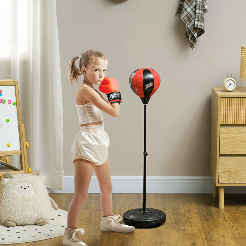AIYAPLAY Saco de Boxeo para Niños de +5 Años con Guantes de Boxeo Altura Ajustable de 68-102 cm y Base Rellenable Rojo