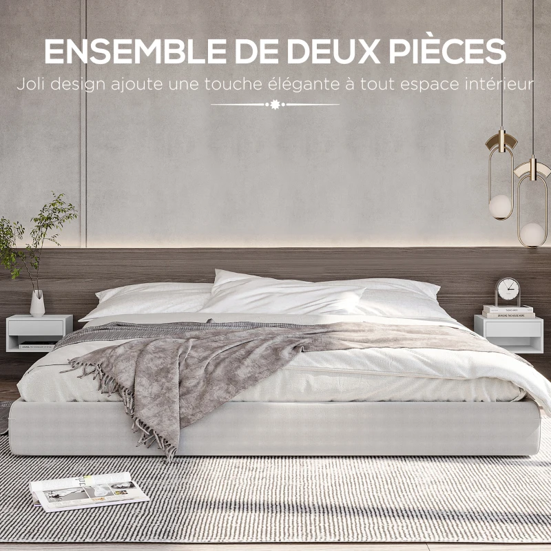 HOMCOM Lot de 2 tables de chevet murales table de nuit tiroir coulissant niche plateau en bois dim. 37L x 32l x 21H cm blanc