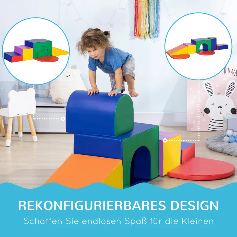 HOMCOM Saftbaustein-Set für Kinder, Schaumstoffblöcke, Quadrat, Treppe, Rampe, Kunstleder, Mehrfarbig