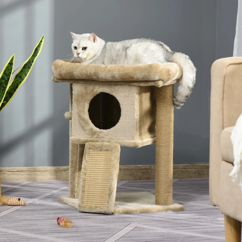PawHut Árbol Rascador para Gatos Pequeños de 57 cm con Poste de Yute Rampa para Rascar Cama y Bola Colgante 40x40x57 cm Arena