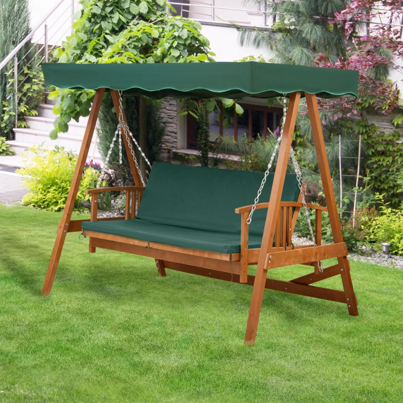 Outsunny 3 Seater 2-in-1 Wooden Garden Swing Seat Swing Chair Outdoor Convertible Hammock Bench Furniture Lounger Bed Wood, Dark Green