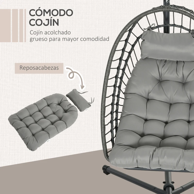 Outsunny Silla Colgante Plegable con Soporte y 2 Cojines Carga 100 kg para Interior y Exterior en Acabado de Ratán PE Gris Oscuro