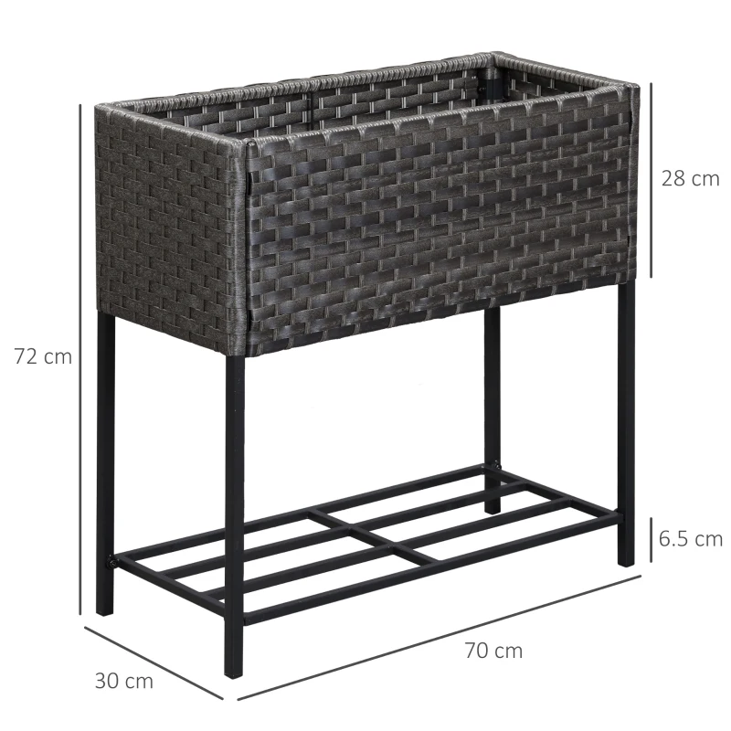 Outsunny Letto per Orto Rialzato, Fioriera Effetto Vimini con Ripiano, Aiuola Rialazata per Esterni e Interni, Grigio (70cm x 30cm x 72cm)
