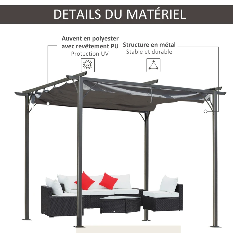 Outsunny Pergola rétractable 3L x 3l x 2,30H m structure métal époxy anticorrosion, toile polyester haute densité incluse gris