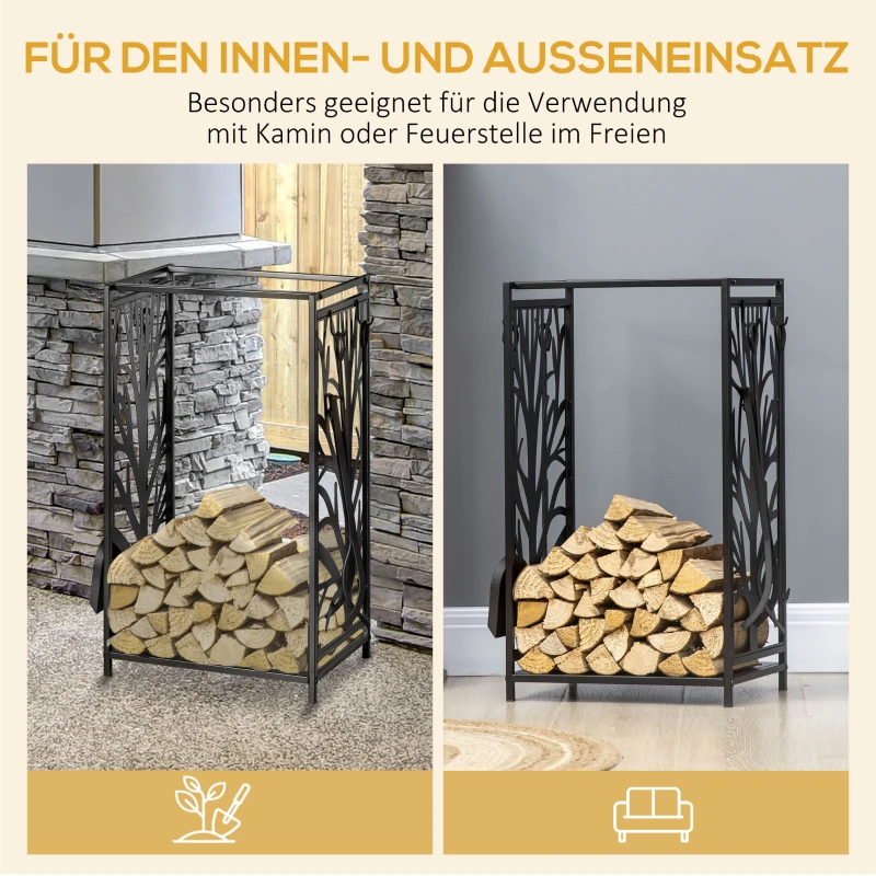 HOMCOM Kaminholzregal für innen Stahl 46 x 30 x 70cm Brennholzregal mit 4 Kaminwerkzeug Haken Kaminbesteck Set Kaminholzständer für Kamin Ofen Feuerholzregal Kaminholzhalter für Feuerholz, Schwarz