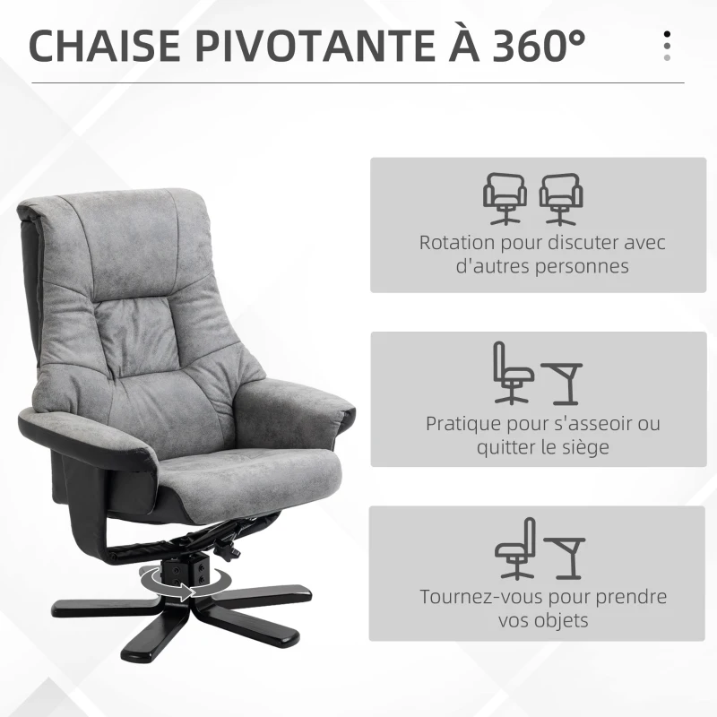HOMCOM Fauteuil relax inclinable 135° pivotant 360° avec repose-pieds revêtement microfibre gris