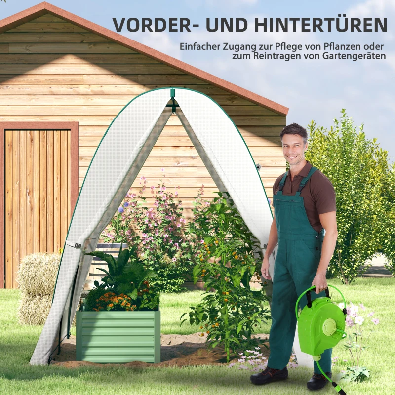 Outsunny Bogen-Gewächshaus mit Sandsäcken und Kunststoff-Abdeckung, 2 Rolltüren, Netzfenster, tragbar, 1,8 x 1,8 x 2 m, Weiß(m-6)
