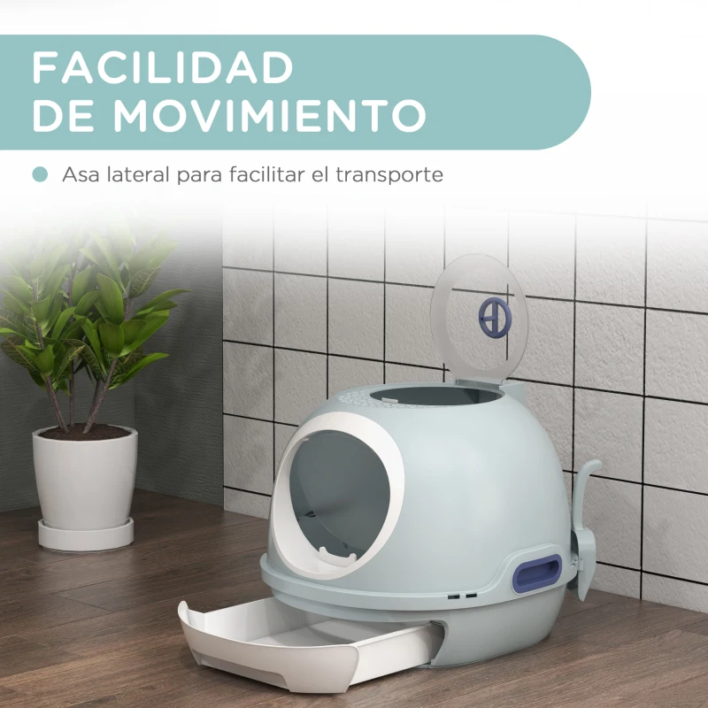 PawHut Caja de Arena para Gatos Arenero Cerrado con Claraboya Abatible Bandeja Extraíble y Pala 47x55x44 cm Azul