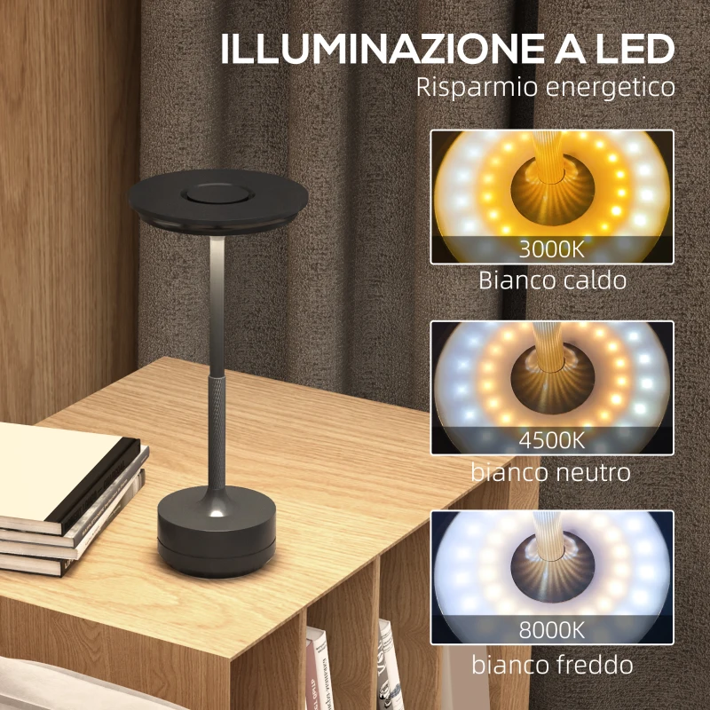HOMCOM Lampada Senza Filo Touch Luce LED 3 Tonalità e Batteria Ricaricabile, Ø13x28.5cm, Nero