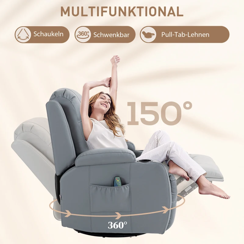 HOMCOM Massagesessel mit Wipp-, Liege- & Wärmefunktion, Timer, 5 Modi, drehbar, Hellgrau(m-5)