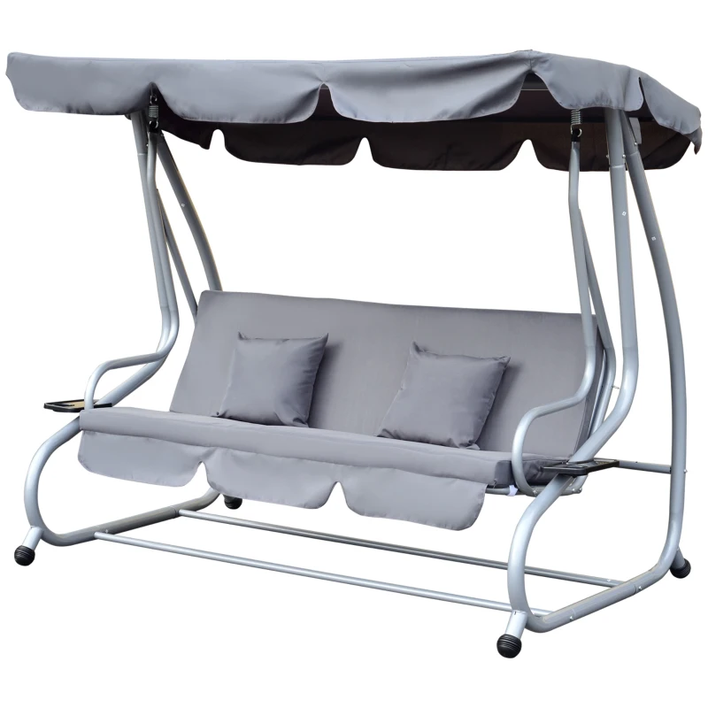 Outsunny Columpio Balancín Jardín 3 Plazas Convertible en Cama Techo Parasol Regulable Bandeja para Bebida Terrza Balcón Exterior Carga máx. 340kg Acero 200x120x164cm Gris