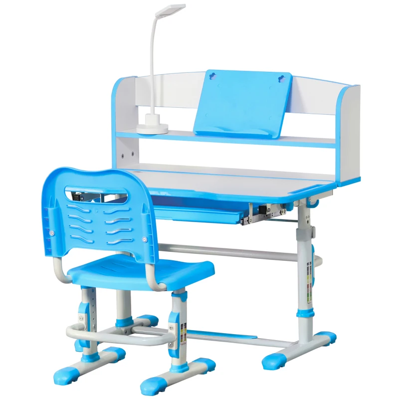 HOMCOM Banco Scuola per Bambini 6-12 Anni Regolabile con Luce LED, Leggio e Portapenne, in MDF, PP e Acciaio, Azzurro