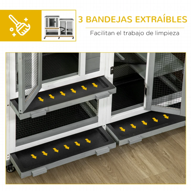 PawHut Jaula para Conejos 2 Niveles de Madera con 6 Ruedas 2 Escaleras 3 Bandejas Extraíbles y Zona Abierta 110x50x86 cm Gris