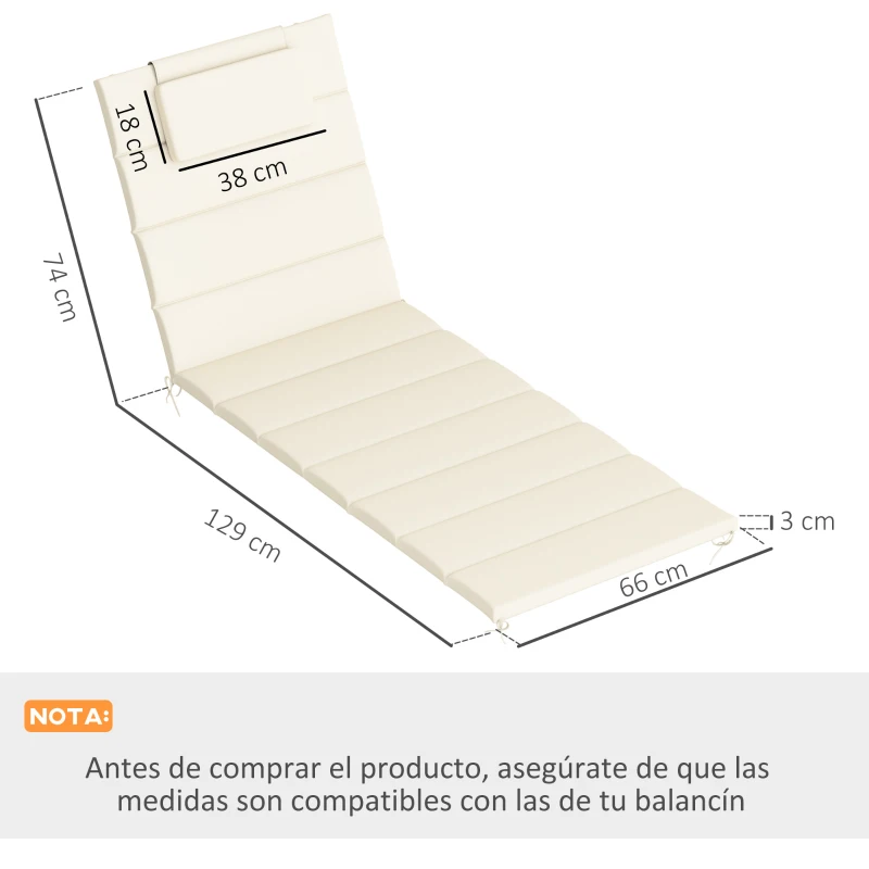 Outsunny Pack 2 Cojines para Tumbonas Plegables 203x66x3 cm con Reposacabezas y Correas de Sujeción Crema