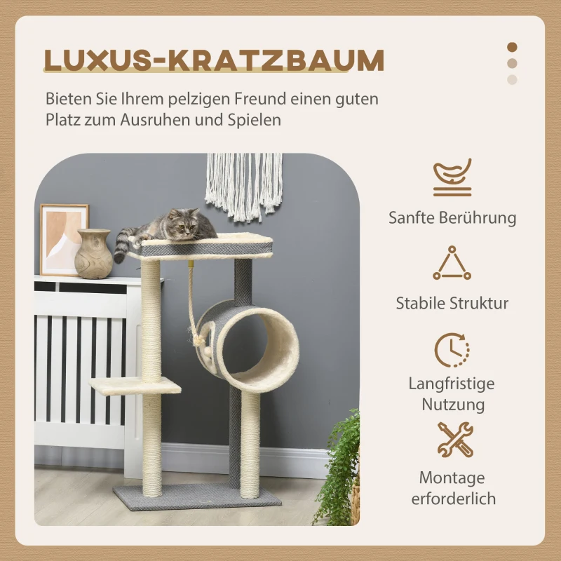 PawHut Kratzbaum Katzenbaum, 1 Katzenhöhle, 2 Liegeflächen, 60 cm x 40 cm x 104 cm, Grau + Natur
