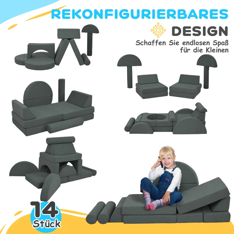 AIYAPLAY Softbausteine, 14-tlg. Set, Bauklötze, verschiedene Formen, für 18+ Monate, Grau