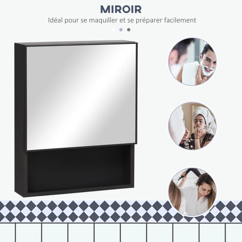 kleankin Armoire de toilette mural miroir salle de bain en acier inoxydable avec porte et étagère dim.46 x 13,5 x 58 cm noir