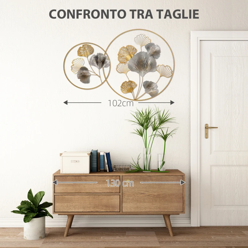 HOMCOM Decorazione Murale 3D in Metallo, Wall Art Dorata con Ginkgo in due Cornici Rotonde, 102x66.2cm, Oro e Argento