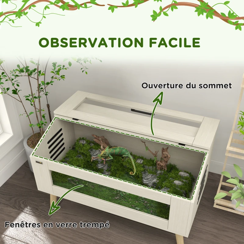 PawHut Terrarium pour reptiles, vivarium pour serpents 140L avec fenêtres en verre trempé, couvercle, 100 x 50 x 60 cm