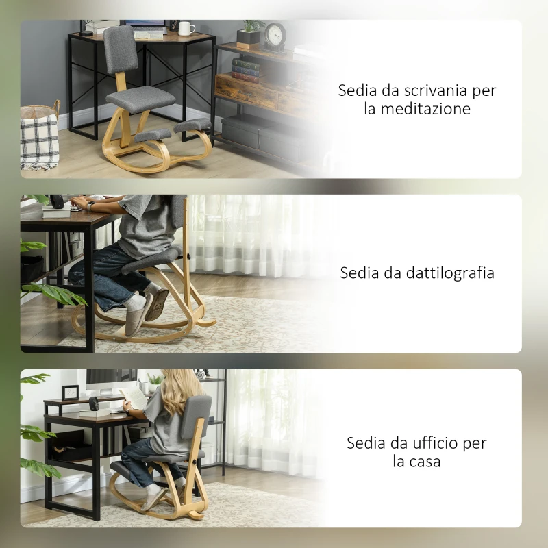 HOMCOM Sedia Inginocchiatoio con Movimento a Dondolo, in Tessuto Effetto Lino e Legno di Betulla, 51x84x93 cm, Grigio
