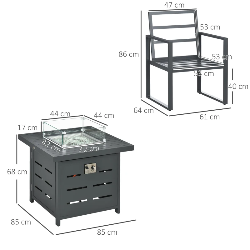 Outsunny 5-Piece Aluminium Garden Furniture Sets, 4 Seater Outdoor Conversational Dining Set with Gas Fire Pit Table Cushions for Yard, Poolside, Patio, Grey