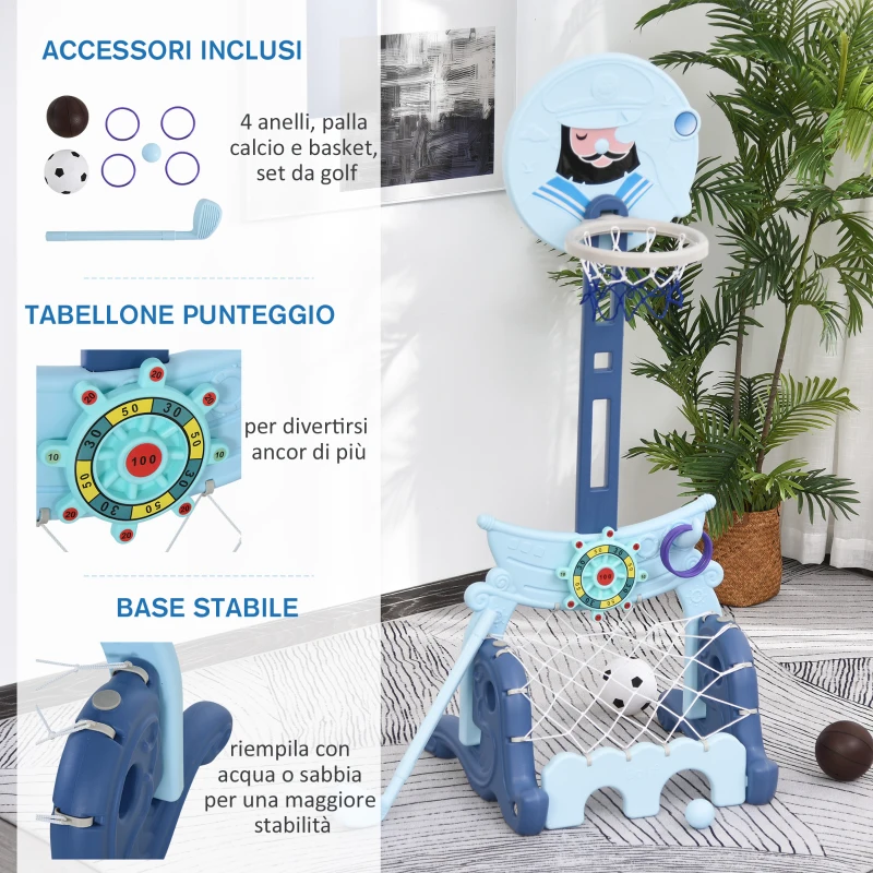 HOMCOM Set Canestro Basket, Golf Giocattolo, Porta da Calcio per Bambini 3-6 Anni con Altezza Regolabile 63-120cm